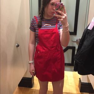 red overall dress